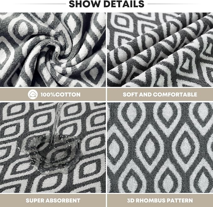 Artoid Mode 2 Pcs Beige Grey Diamond Grid Jacquard Hand Towels for Bathroom, 100% Cotton Soft Absorbent Bathroom Decor Towels, 13.7 x 29.5 Inch
