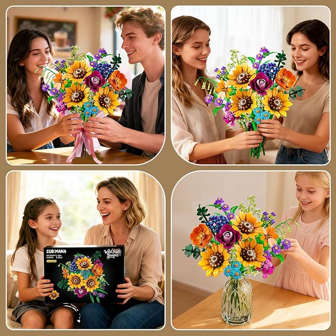 Wild Flowers Bouquet Building Set with Lights - Wildflower 18 Flower Botanicals Collection Building Blocks Sunflower Rose Violet Plants Home Decor Gift for Her Adults Women Girls 12+ (912PCS)