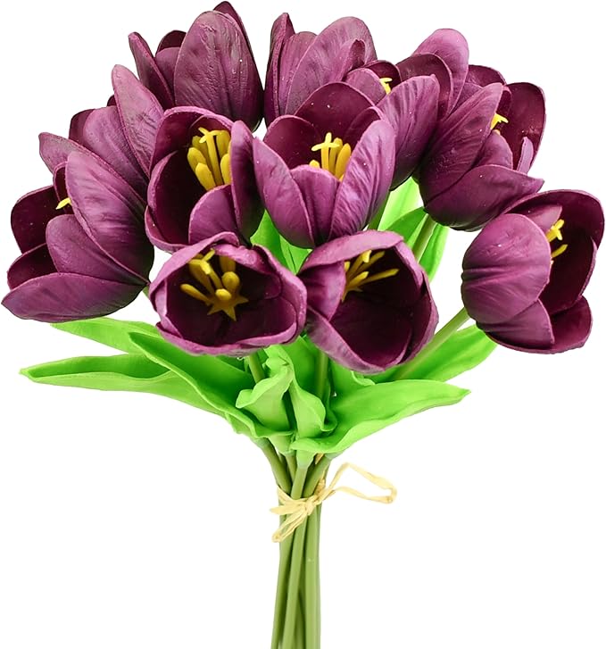 Mandy's Artificial Tulips 12 Stems Grape Purple Partially Open PU Faux Flowers for Wedding Home Decor 13.5 Inch