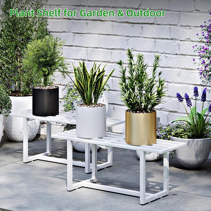 Plant Stand Indoor Outdoor, Foldable Metal Plant Shelf for Multiple Pots, Mid Century Slatted Bench for Patio Garden, Heavy Duty Capacity 330 lbs 2 Pack White