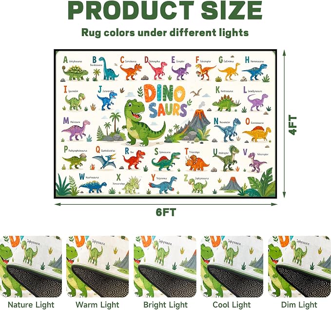 4'x6' Dinosaur Area Rug ABC Alphabet Educational Rugs for Bedroom Living Room Nursery Kitchen Playroom Home Decor Washable Cute Cartoon Dinosaur Floor Mat Carpet