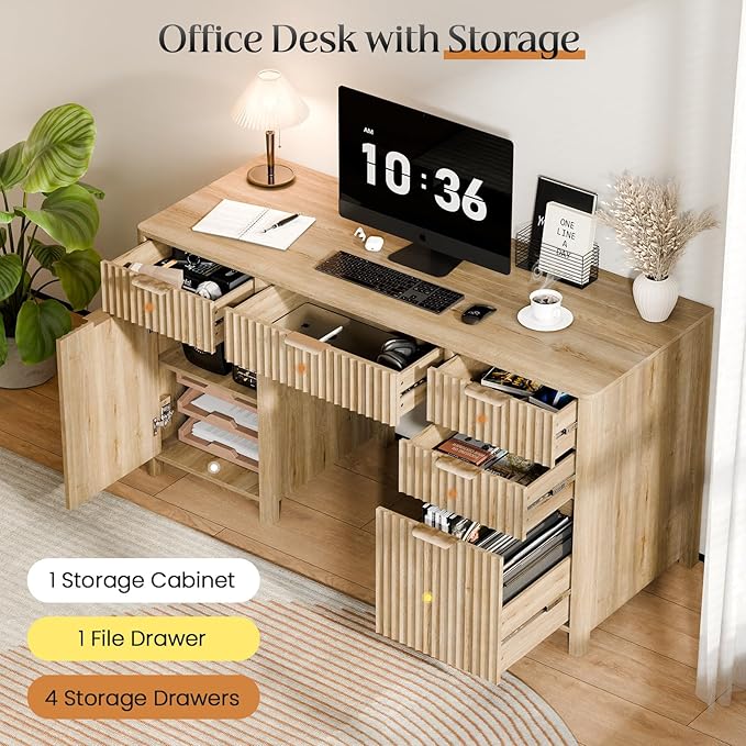58" Fluted Home Office Desks with Storage, Modern Executive Desk Computer Desks with 5 Drawers & Cabinet, Wood Work Desk File Drawer for Office, Bedroom, Study, Living Room, Oak