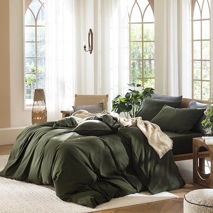 MooMee Bedding Duvet Cover Set 100% Washed Cotton Linen Like Textured Breathable Durable Soft Comfy (Solid Olive Green, Queen 90"x90")