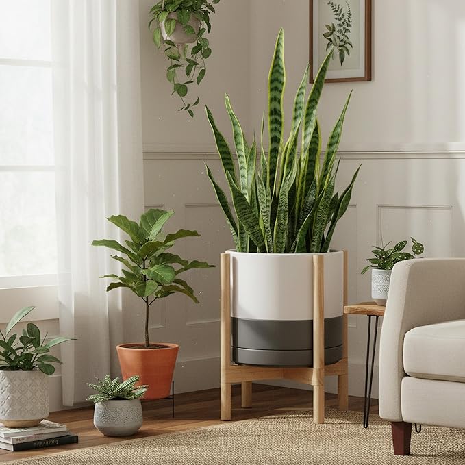 D'vine Dev Ceramic Planter with Natural Stand - 14 Inch Modern Round Flower Pot with Wood Planter Holder, White/Grey, 55-B-R-6