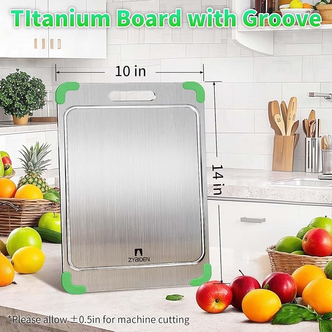 100% Pure Titanium Cutting Board with Grooves, Update Double Side Titanium Chopping Board, Silicone Anti-slip Stainless Cutting Boards for Kitchen 10 * 14 IN, Green