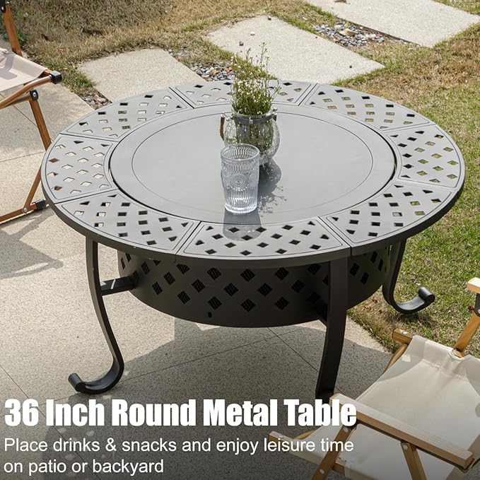 Panovue 36 Inch Fire Pit with 2 BBQ Grills, Wood Burning Fire Pits for Outside with Lid & Fire Poker, BBQ& Outdoor Firepit & Round Metal Table 3 in 1 for Patio, Picnic, Party