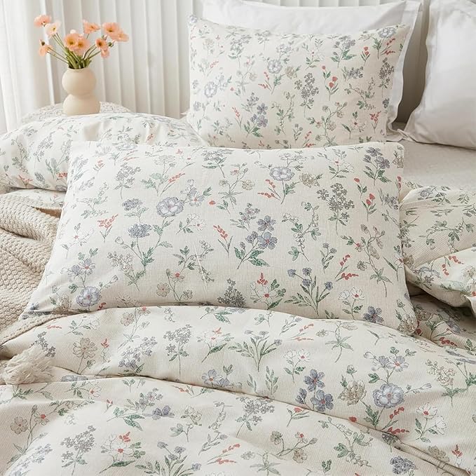EAVD Chic Shabby Botanical Floral Duvet Cover Twin Soft Cotton Garden Floral Bedding Set with 2 Pillowcases Fresh Reversible Botanical Duvet Cover with Zipper Closure