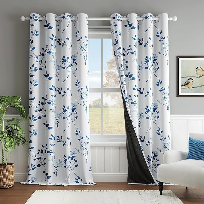 Beauoop Floral 100% Blackout Curtains 96 Inches Long 2 Panels for Bedroom Living Room Navy Blue and White Flower Patterned Room Darkening Thermal Soundproof Grommet Window Treatments Drapes, 52X96