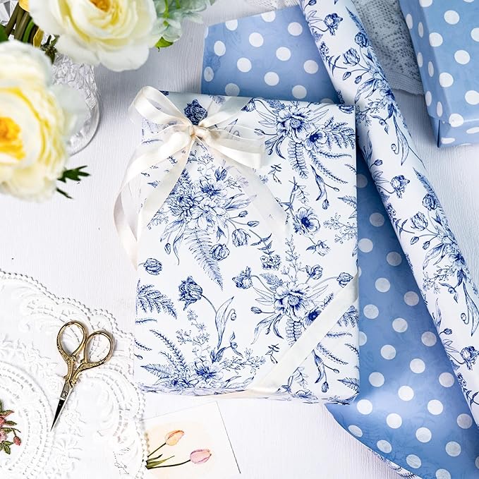 Yarcony Blue Floral Wrapping Paper Roll, Blue and White Wrapping Paper, Elegant Vintage Toile Flower Garden Gift Wrap for Upscale Gifts, Wedding, Birthday, Baby Shower, Mother's Day (17 In X 16.5 Ft)