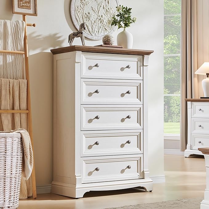 T4TREAM Farmhouse 5 Drawer Dresser for Bedroom, 47" Tall Wood Dresser with Ample Storage Space and Rustic Charm, Antique White