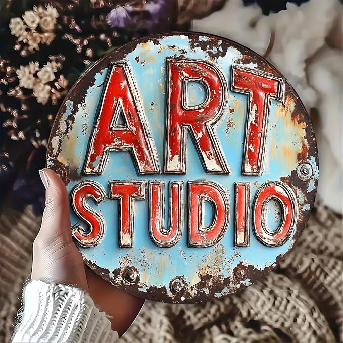 Room Decor 1pc Vintage Art Studio Metal Sign, Frameless Aluminum Wall Decor, 8x8 inches, Waterproof & Weather Resistant, with Pre-Drilled Holes for Easy Mounting, Living Room, Garage
