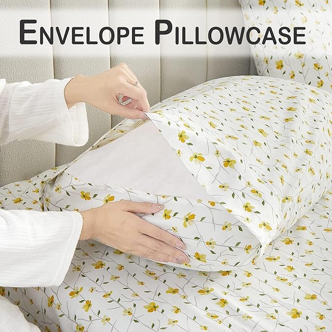 Softan Yellow Floral Sheets for Queen Size Bed Printed Bed Sheets - 4 Piece Soft Microfiber Patterned Fitted Sheets Queen with 15" Deep Pocket and Corner Straps,Cute Flower Sheets & Pillowcase Set