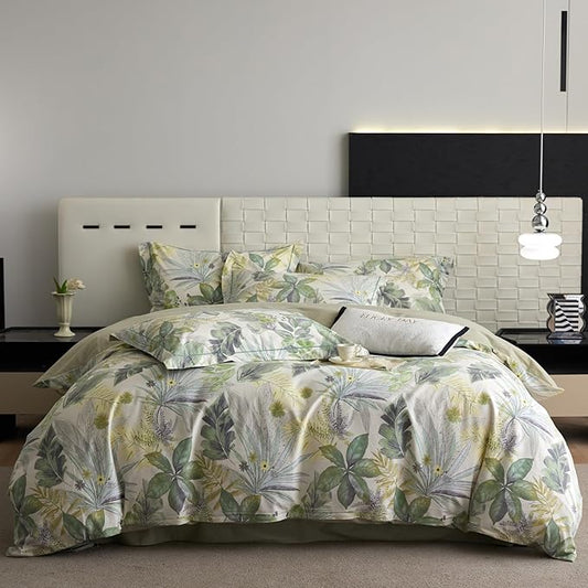 VM VOUGEMARKET Tropical Green Duvet Cover King 100% Brushed Cotton Coastal Leaves Bedding Set 1 Hawaiian Botanical Duvet Cover with 2 Pillow Shams-104x90 Inch