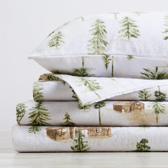 Market & Place 100% Cotton Full Flannel Sheet Set | 4 Piece Deep Pocket Novelty Cozy Winter Bed Sheets | Double Brushed for Extra Softness & Comfort | Alpine Collection (Full, Watercolor Forest)