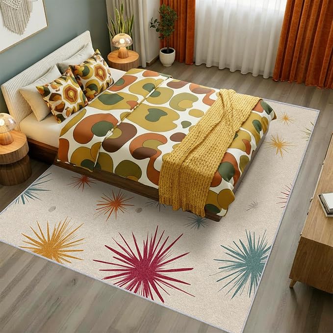 Mid Century Modern Rug Large 7x10 Starburst Atomic Retro 60s 70s Pattern Area Rugs for Living Room, Bedroom, Mid Century Home Decor Accessories Indoor Carpet, Non Slip & Machine Washable