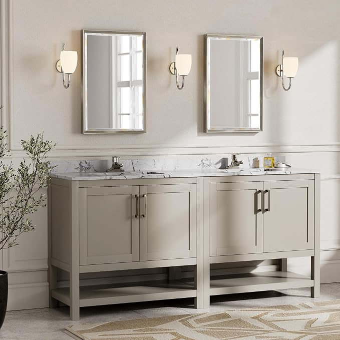 Brushed Nickel Bathroom Mirror, 16''x 24'' Beveled Bathroom Mirror Brushed Nickel, Rustproof Rectangle Framed Mirror for Home Decor, Vertical/Horizontal