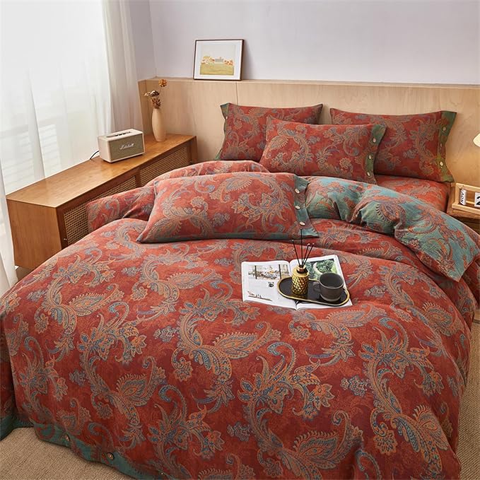 EAVD Vintage Style Jacquard Floral Duvet Cover King Soft 100% Cotton Muslin Yarn-Dyed Textured Bedding Set with 2 Pillowcases Boho Floral Comforter Cover with Button Closure