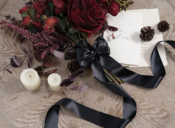 Black Satin Ribbon 1-1/2 Inch x 50 Yards Double-Faced Polyester Hair Ribbons for Women, for Gift Wrapping Paper Bows Wedding Invitations DIY Crafts