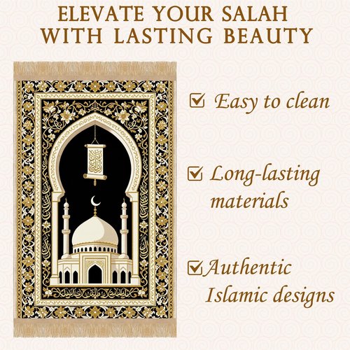 Regine Switzerland Prayer Mat - Thick Islamic Prayer Rug with Tasbih Beads | Black for Namaz & Eid Decor