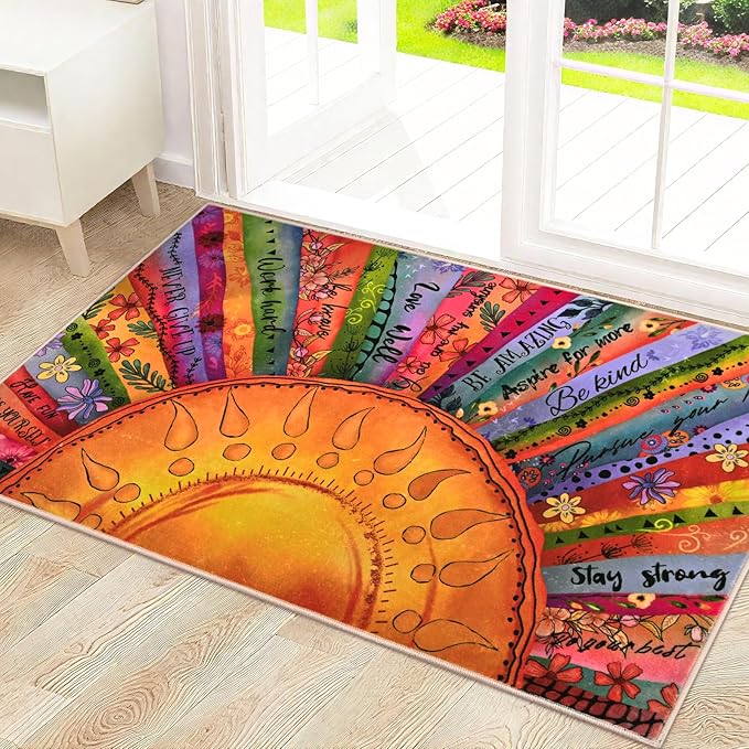 Likiyol Sun Entryway Rug 2x3 Small Rug, Door Mat Indoor Entrance Soft Faux Cashmere Non Slip Rugs for Entryway, Washable Inspirational Throw Rugs Carpet for Entry, Kitchen, Bathroom, Low-Pile