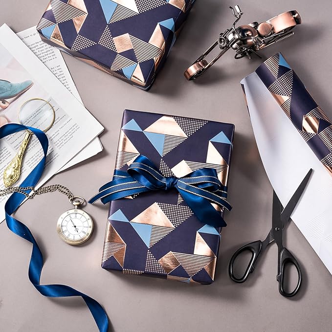 WRAPAHOLIC Birthday Wrapping Paper for Men - Mini Roll - 17 Inch x 16.5 Feet - Foil Modern Navy Blue Geometric Wrapping Paper Perfect for Husband, Boyfriend Birthday, Wedding, Bridal Shower