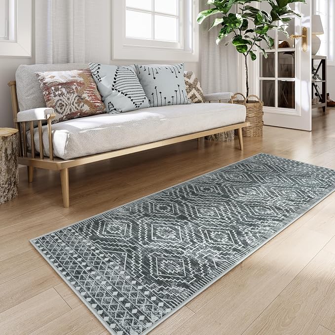 Wonnitar Washable Kitchen Runner Rug 2x6, Moroccan Grey Runners for Hallway, Non Slip Bohemian Soft Bathroom Throw Mat Geometric Carpet Runner for Laundry Entryway Bedroom (Dark Grey,2'x6')