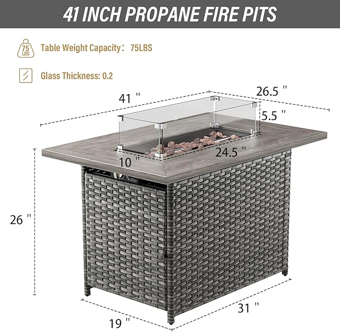 Belord 50000 BTU Propane Fire Pit Table with Lid and Lava Rock, 41 inch Rectangular Outdoor Firepit Wicker Furniture, Fireplace Table Perfect for Relaxed Outside Patio Backyard Ambiance, Gray