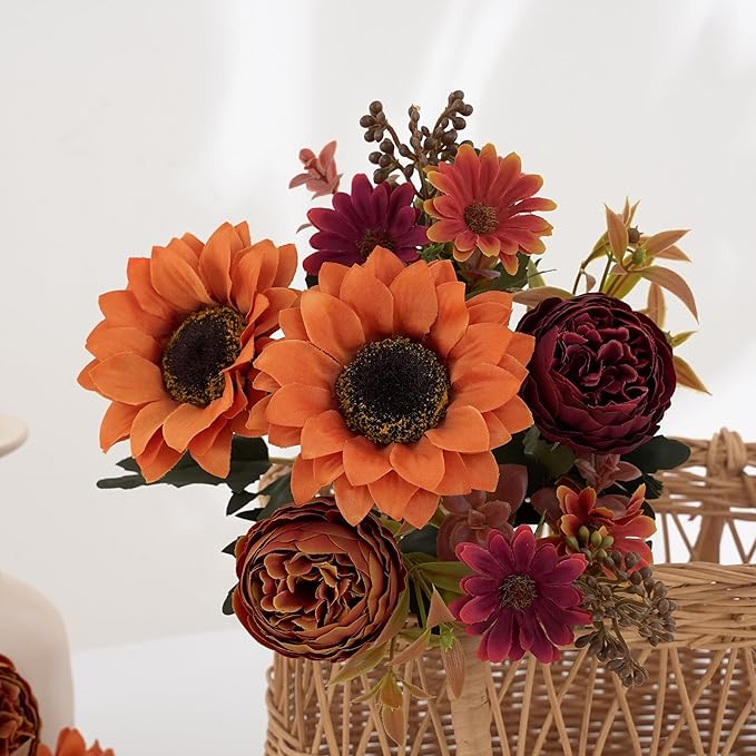 3 Bunches Sunflowers Fake Flowers, Fall Silk Artificial Sunflowers Decorations for Home Office, Wedding, Autumn Floral Arrangements, Halloween, Thanksgiving, Harvest Festival Decoration