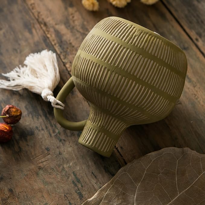Farmhouse Vase with Handle and Tassel, Grey Yellow Vertical Stripes Design Clay Vase 10'' Tall - Ceramic Flower Vase for Rustic Home Decor, for Fireplace Kitchen Living Room Centerpieces