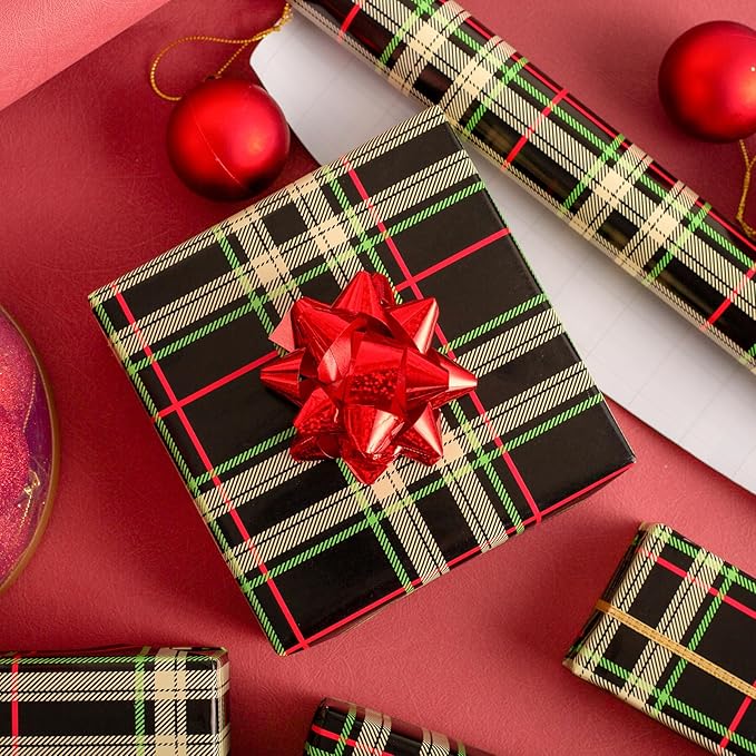 MAYPLUSS Wrapping Paper Roll 17in* 32.8 feet Black and Green Plaid with Red Line for Christmas,Birthday,Party,Holiday,Vintage Wrapping Paper for all Occassions (TTL:46.8sqft)