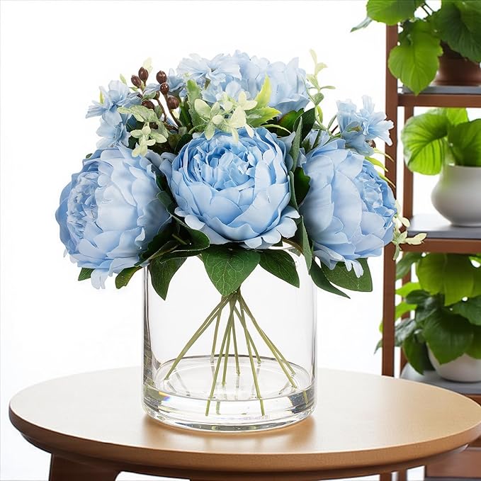 ENOVA FLORAL Artificial Flower Arrangement with Vase,Mixed Artificial Fake Silk Peony Flower in Vase for Decoration Home Office, Wedding Centerpiece (Blue01)