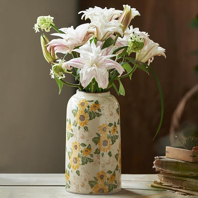 Vintage Pastoral Ceramic Vase, 10.6 inch Yellow and Beige Sunflower Floral Rustic Farmhouse Antique Retro Ice Cracked Chinoiserie Vases for Home Decor Living Room Tuscan Decor (Large)