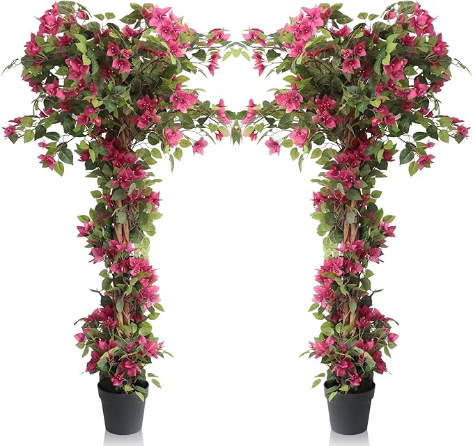 5 Feet Artificial Bougainvillea Flowers Trees, Faux Blooming Tree with Black Plastic Pot, Fake Bougainvillea Plants Potted for Decor Indoor or Outdoor Home Office, 2 PCS (63 inch)