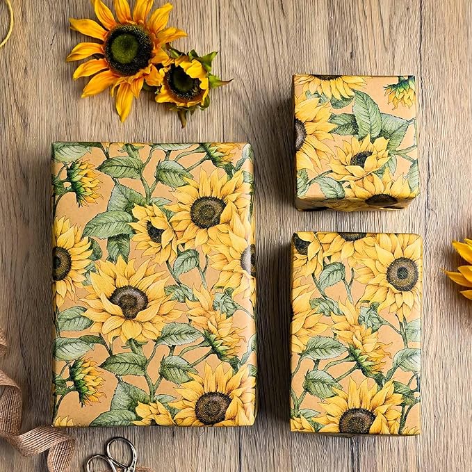 MAYPLUSS Kraft Sunflowers Gift Wrapping Paper - Vintage Elegant Sunflowers Floral Gift Wrap Paper for Women Birthday, Christmas, Baby Shower, Mothers Day, Thanksgiving, Holiday - 17 Inches X 33 Feet