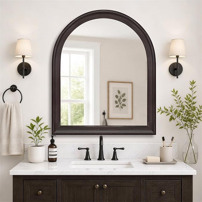 30x36 Inch Arched Wall Mirror, Rustic Black Walnut Arch Wall Mount Bathroom Mirrors with Tempered Glass for Entryway Bedroom Bathroom Living Room Farmhouse Boho Home Decor