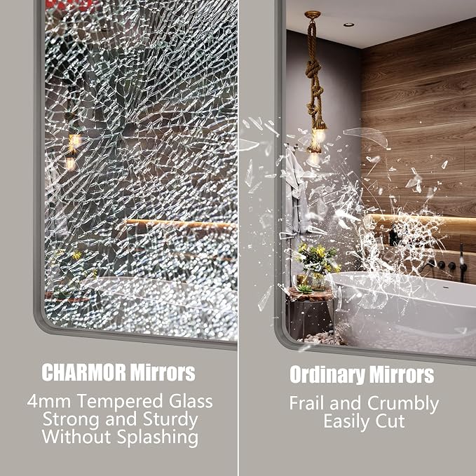 40x30 Silver Brushed Bathroom Mirror for Wall, Brushed Metal Framed Bathroom Vanity Mirror, Modern Rectangle Mirror, Rounded Corners, Shatterproof (Horizontal/Vertical)