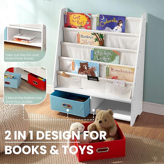 SEIRIONE Sturdy Kids Bookshelf, Children Display Rack, 4 Sling and 2 Storage Boxes for Toys Organizer, White/Wood Texture