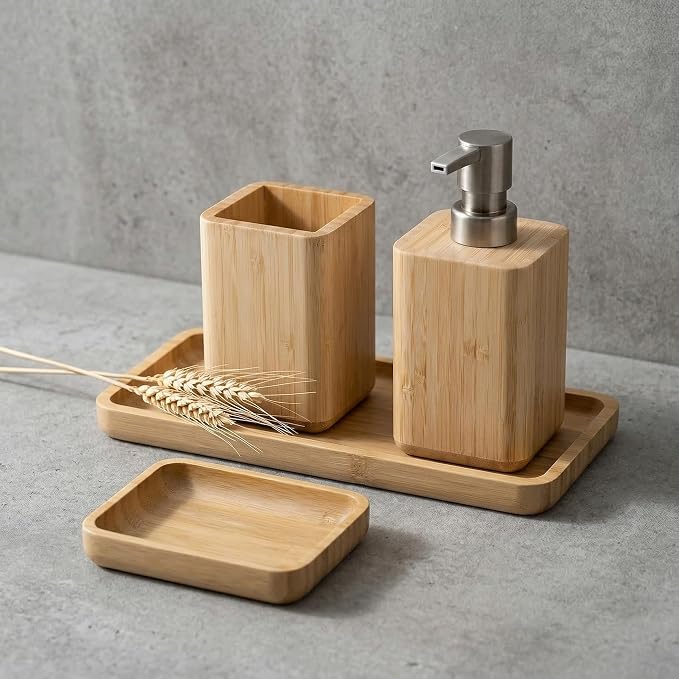 Natural Bamboo Bathroom Accessory Set with Soap Dispenser, Toothbrush Holder, and Soap Dish and Tray, Handmade, Waterproof Design