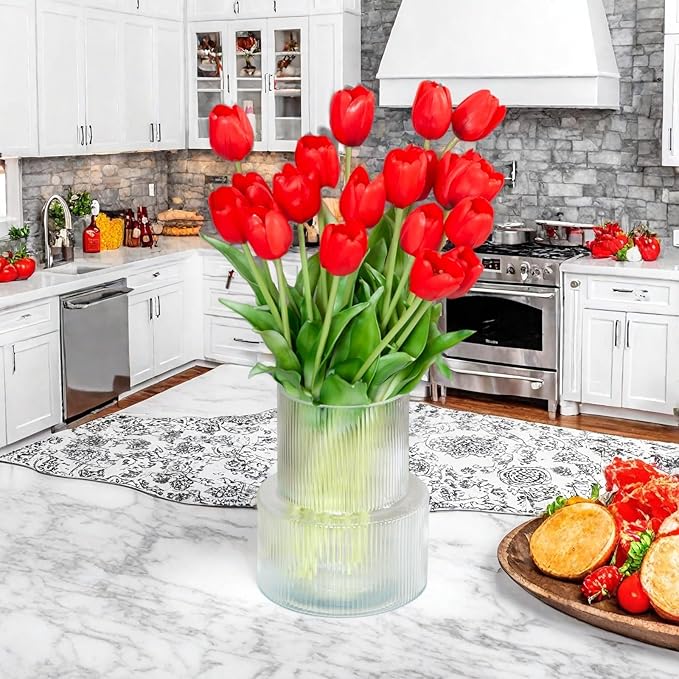 20 Artificial Tulips in Fluted Glass Vase, Waterproof Faux Flowers Bouquet for Wedding Home Office Decor, Table Centerpiece, Housewarming Birthday Gift Set (Red)