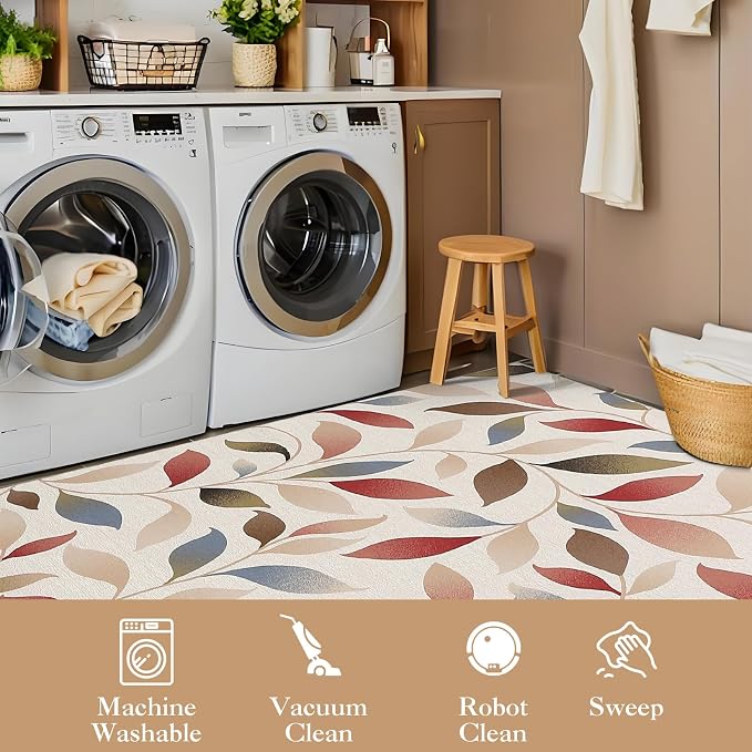 9x12 Area Rug Washable Boho Vintage Rug for Living Room Low Pile Soft Bedroom Rugs Non Slip Boho Indoor Large Carpet Thin Foldable Distressed Leaves Carpet for Nursery Dining Room Playroom, Beige Red