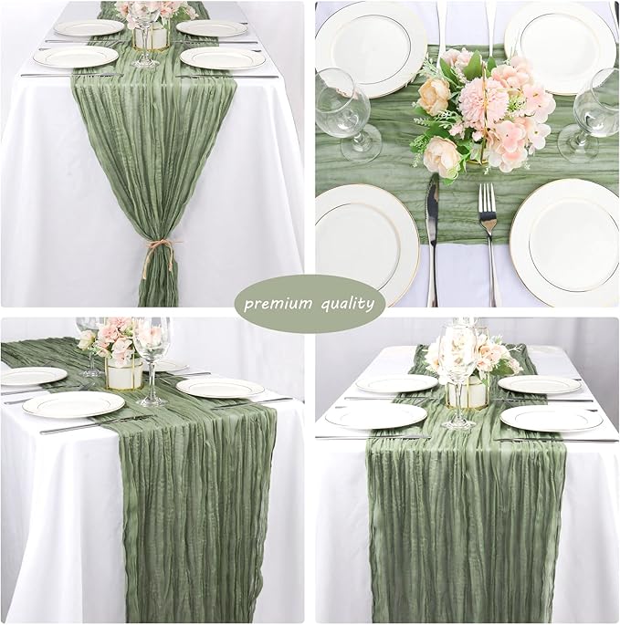 12 Pack Boho Gauze Table Runner - 35x72 Inch Rustic Cheese Cloth Long Table Runner for Wedding, Bridal Shower, Birthday Party Decor (Dusty Sage Green)