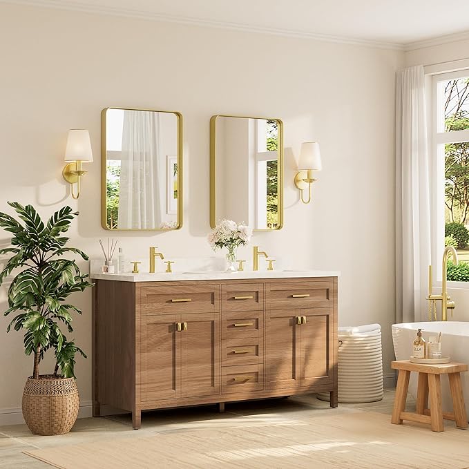 TETOTE Gold Framed Mirror for Bathroom, 22 x 30 Inch Vanity Mirror for Wall, Brushed Brass Rectangle Round Corner Entry Way Golden Frame Mirror 2 Inch Thick Frame(Horizontal/Vertical)