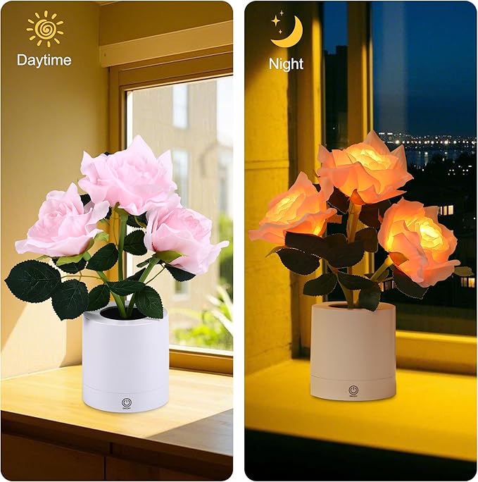 WSYEAR Pink Rose Flower Lamp, Christmas Day LED Artificial Flowers Gifts for Her Wife Girlfriend Small Table Lamp Night Light, Cordless Touch Lamp