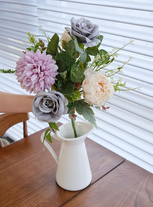 2Pcs Artificial Flower Bouquets Decoration, Faux Floral Arrangement Table Centerpiece Home Farmhouse Indoor Decor, Wedding Bride Bouquet, Mixed Fake Flower Picks for Vase/Pot (Blue/Purple/Cream/Green)