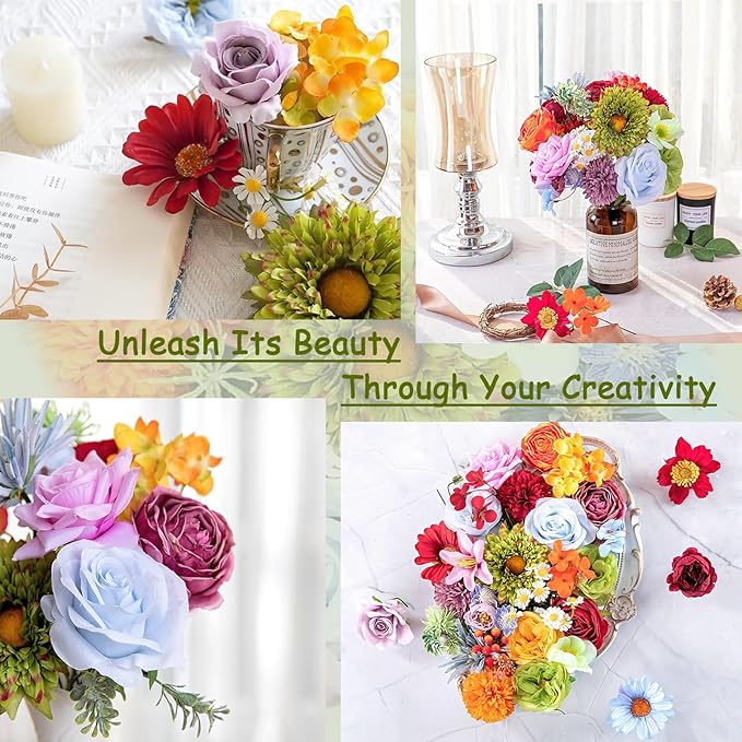 Artificial Flower Combo Set, 37PCS Rainbow Silk Flower Faux Bouquet Set with Stems for DIY Bridal Wedding, Colorful Fake Flowers for Flower Arrangement Party and Home Decor