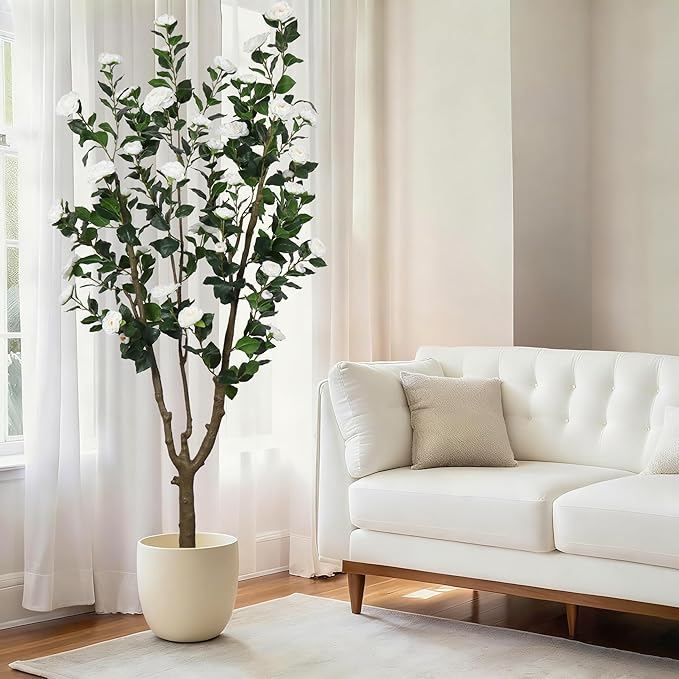 6.6ft Tall Camellia Artificial Tree, Handmade Faux Floral Camellia Tree, Pink White Blooming Flowers & Green Leaves, Artificial Plants for Home Front Door Decor Indoor Outdoor Party Wedding