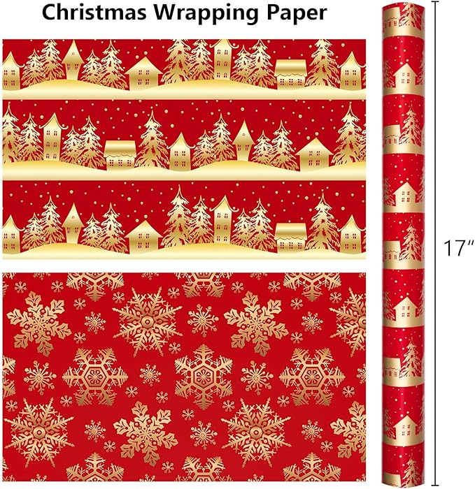 MAYPLUSS Christmas Wrapping Paper Roll, 17 Inch X 16.5 Feet Gift Wrapping Paper Featuring Gold Christmas Tree House Reversible Snowflake, Thick Wrap Paper for Holiday Party New Year Kids