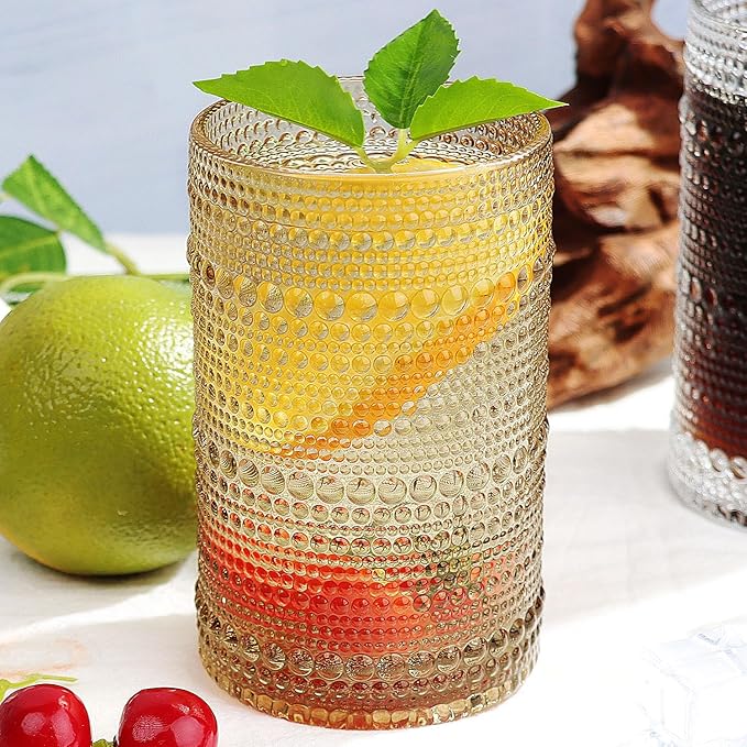 Hobnail-Drinking Glasses 13oz Vintage Glassware Sets Cocktail Juice Glasses Set of 6, Light Brown