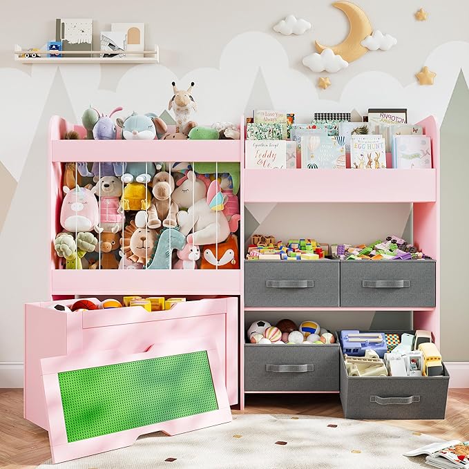 Toy Storage Organizer with Stuffed Animal Storage - Kids Bookshelf with 4 Removable Bins and 1 Movable Toy Storage Bin, 3-Tier Bookshelf with Building Block Play Table for Kids Room Playroom (Pink)