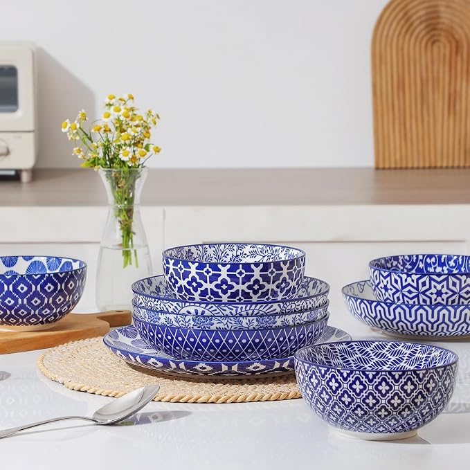 Selamica Ceramic Plates and Bowls Sets,32 Pieces Dinnerware Sets for 8,Scratch Resistant Dish Set for family gathering,Dishwasher & Microwave Safe, Vintage Blue